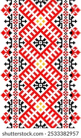 Pixel art embroidery pattern. Repeating Ukraine geometric pattern design with floral. Symmetrical and Clean. For use as neckline embroidery, neckline
Cross Stitch Pattern with Floral Designs.