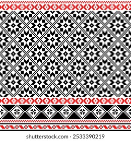 Pixel art embroidery pattern. Repeating Ukraine geometric pattern design with floral. Symmetrical and Clean. For use as neckline embroidery.
Cross Stitch Pattern with floral designs.
