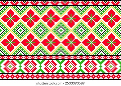 Pixel art embroidery pattern. Repeating Ukraine geometric pattern design with floral. Symmetrical and Clean. For use as neckline embroidery.
Cross Stitch Pattern with Floral Designs.

