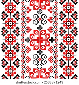 Pixel art embroidery pattern. Repeating Ukraine geometric pattern design with floral. Symmetrical and Clean. For use as neckline embroidery.
Cross Stitch Pattern with Floral Designs.
