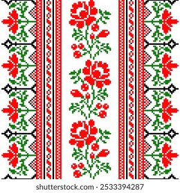 Pixel art embroidery pattern. Repeating Ukraine geometric pattern design with floral. Symmetrical and Clean. For use as neckline embroidery.
Cross Stitch Pattern with Floral Designs.