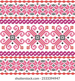 Pixel art embroidery pattern. Repeating Ukraine geometric pattern design with floral. Symmetrical and Clean. For use as neckline embroidery.
Cross Stitch Pattern with Floral Designs.