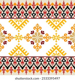 Pixel art embroidery pattern. Repeating Ukraine geometric pattern design with floral. Symmetrical and Clean. For use as neckline embroidery.
Cross Stitch Pattern with Floral Designs.