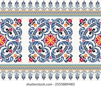 Pixel art embroidery pattern. Repeating Baroque ornament pattern design with floral. Symmetrical and Clean, white background. For use as neckline embroidery, neckline design, print, textile, carpet.