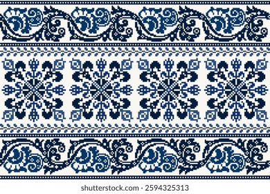 Pixel art embroidery pattern. Repeating Baroque ornament pattern design with floral. Symmetrical and Clean, white background. For use as neckline embroidery, neckline design, print, textile, carpet.
