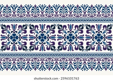 Pixel art embroidery pattern. Repeating Baroque ornament pattern design with floral. Symmetrical and Clean, white background. For use as neckline embroidery, neckline design, print, textile, carpet.
