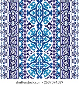 Pixel art embroidery pattern. Repeating Baroque ornament pattern design with floral. Symmetrical and Clean, white background. For use as neckline embroidery, neckline design, print, textile, carpet.