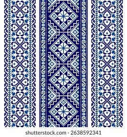 Pixel art embroidery pattern. Repeating Ukraine ornament pattern design with floral. Symmetrical and Clean, white background. For use as neckline embroidery, neckline design, print, textile, carpet.