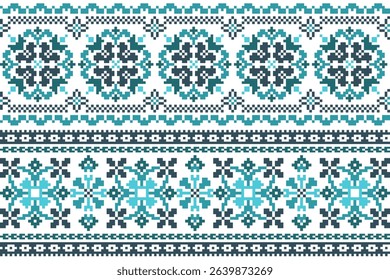 Pixel art embroidery pattern. Repeating Ukraine ornament pattern design with floral. Detailed Vector, white background. For use as neckline embroidery, border design, print, textile, carpet.