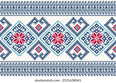 Pixel art embroidery Ukraine pattern. Repeating Ukrainian ornament pattern design with floral and rose. Symmetrical and Clean. For use as neckline embroidery, neckline design, print, textile, carpet.