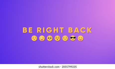 Pixel art emoji background. Funny 8 bit video game style background with yellow pixel art emoji face. Streamer screensaver or decorative background. Be right back text on a blue modern background.