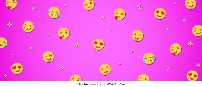 Pixel art emoji background. Funny 8 bit video game style background with yellow pixel art emoji face. Streamer screensaver or decorative background. Pink background, hearts in eyes and girlish stuff.
