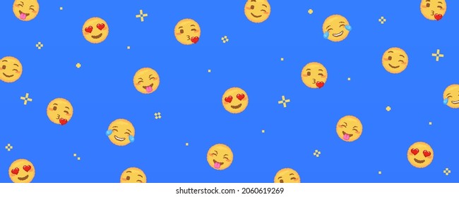 Pixel art emoji background. Funny 8 bit video game style background with yellow pixel art emoji face. Streamer screensaver or decorative background. Blue background, hearts in eyes and laugh smile.