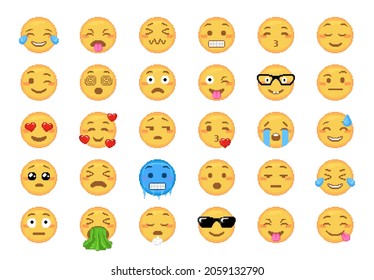 pixel art emoji collection. set of yellow face smiles in 8 bit video game retro style. Pixel art vector emoticons bundle. Happy, lovely, kiss, nerd, dizzy, cool, sick and other pixel emoji.
