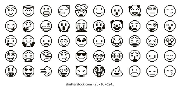 Pixel art emoji faces. Pixelated emoticon icons with different facial expressions, retro arcade gaming 8 bit happy and sad emotions. Stencil monochrome smiles vector set.