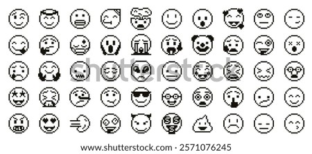 Pixel art emoji faces. Pixelated emoticon icons with different facial expressions, retro arcade gaming 8 bit happy and sad emotions. Stencil monochrome smiles vector set.