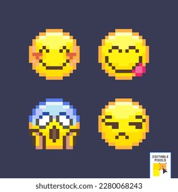 Pixel art emoji icon set. Funny flat style emoticon. Pixel art set of emoticon face icons in a retro 8 bit video game style. Pixel smile icon for web and mobile. vector illustration