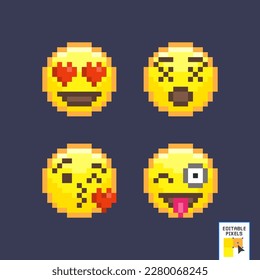 Juego de iconos de emoji de arte de píxeles. Divertido emoticono de estilo plano. Conjunto de arte de píxeles de íconos de cara emoticono en un estilo retro de videojuego de 8 bits. Icono de sonrisa de Pixel para web y móvil. ilustración vectorial