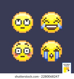 Juego de iconos de emoji de arte de píxeles. Divertido emoticono de estilo plano. Conjunto de arte de píxeles de íconos de cara emoticono en un estilo retro de videojuego de 8 bits. Icono de sonrisa de Pixel para web y móvil. ilustración vectorial