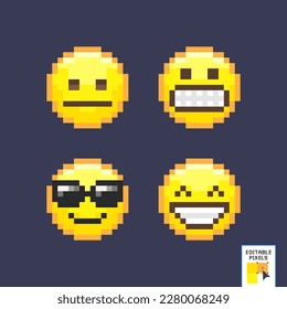 Pixel art emoji icon set. Funny flat style emoticon. Pixel art set of emoticon face icons in a retro 8 bit video game style. Pixel smile icon for web and mobile. vector illustration