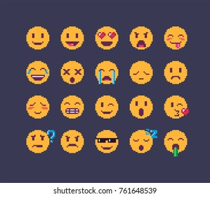Pixel Art Emoji Icon Set. Funny Flat Style Emoticon.
