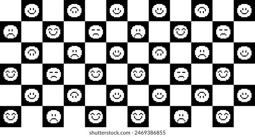 Pixel art emoji patrón sin fisuras en colores blanco y negro. Iconos de sonrisa. Varios emoticonos. Caras tristes y felices. Ilustración vectorial de estilo retro de 8 bits. Sentimiento de la estética de los 90