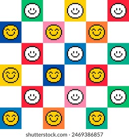 Pixel art emoji seamless pattern. Happy faces. Fun and colorful design. Smile icons. Cute emoji. 8-bit retro style vector illustration. Mood of 90's aesthetics. Ideal for summer and positive projects