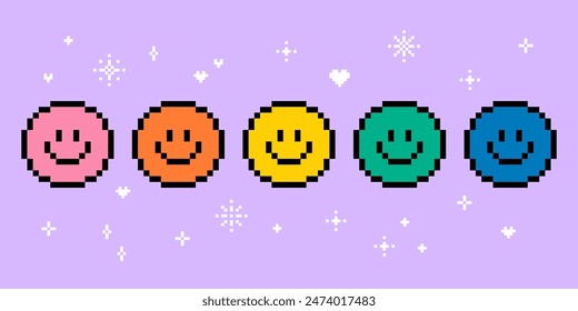 Icono de la sonrisa del emoji del arte del pixel. Linda cara feliz. Pegatinas de emoticonos. Colorido. Colores del arco iris. Concepto de pensamiento positivo. Sentimiento de la estética de los 90. Ilustración vectorial de estilo retro de 8 bits