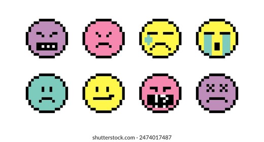 Pixel art emoji smile icon. Sad face. Angry face, swear words. Cry. Upset. Evil. Emoticon stickers. Colorful. Negative thinking concept. Mood of 90's aesthetics. 8-bit retro style vector illustration