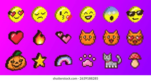 Pixel art emoticon collection with 3d effect - yellow smiling faces showing various expressions, hearts, fire, cats and cute objects. Retro 8 bit style icons for gaming interface or digital stickers.