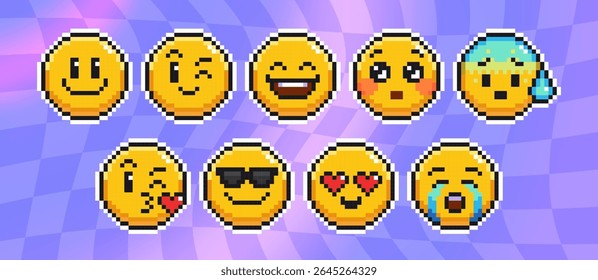 Emoticon de Pixel art fica roxo. Círculos amarelos mostrando várias expressões - sorrindo e piscando, rindo e corando, suando nervoso e beijando o coração, óculos de sol frescos, olhos de amor, lágrimas chorando.
