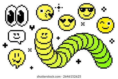 Pixel art emoticon faces. Ícones de sorriso de cor amarela estilo retro de 8 bits. Sorrindo, rosto derretendo, piscando, rir, olhos de amor, beijo, óculos de sol frescos, ícone de olhos largos. Amarelo verde cobra gradiente de muito sorriso
