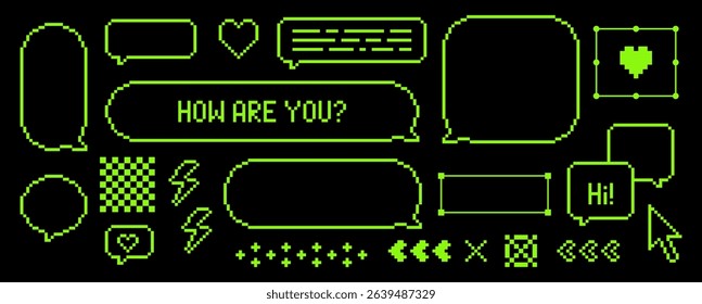 Pixel art empty retro dialog box. Set of speech bubbles on black. Chat balloon, thought cloud for text message, game interface, streaming overlay, social media. 8 bit acid green communication elements