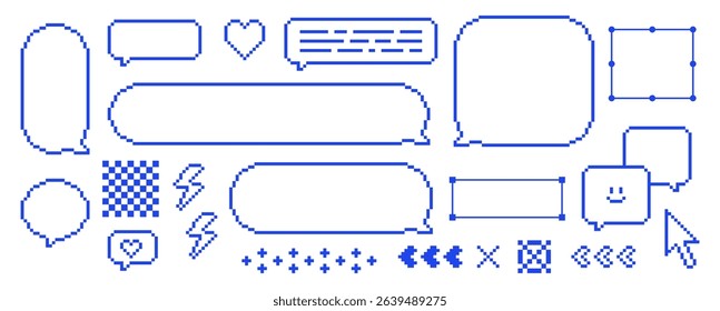 Pixel art empty retro speech bubbles. Set of dialog box on white background. Chat balloon for text message, game interface, social media. 8 bit arrow, cursor, communication isolated vector elements