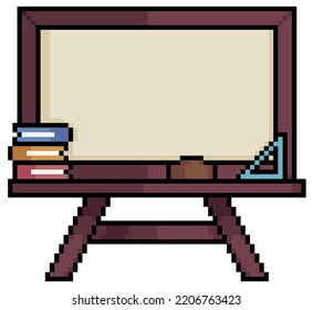 Pixel art empty school blackboard, blackboard with books, eraser and ruler vector icon for 8bit game on white background