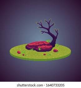 Pixel art empty stone and tree on the meadow. Cute nature scene as decoration. Vector illustration.