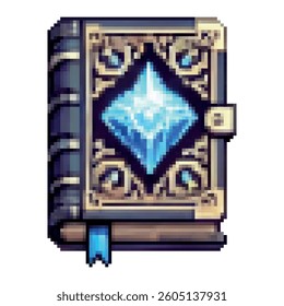 Pixel art enchanted book with a glowing blue diamond-shaped crystal on the cover, ornate golden frame, and blue bookmark. Perfect for fantasy RPGs, wizards, or magical inventory items.