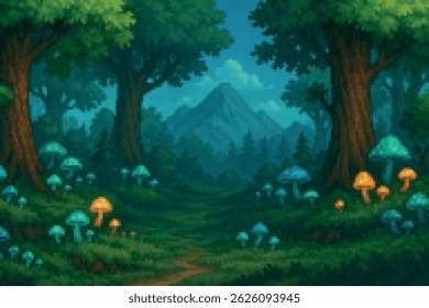 Pixel art enchanted forest filled with glowing mushrooms, tall trees, and a mountain in the distance. A vibrant 16-bit fantasy background perfect for retro platformers or magical RPGs.