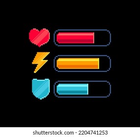 Pixel art Energy load scale icon set. Health and Battery charge bar. Energy, Armor, Health icon set in 8-bit retro game style. Retro pixel video game or app interface elements