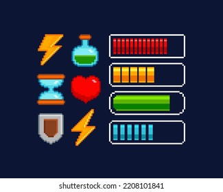 Pixel art Energy load scale icon. Health and Battery charge bar. Energy, Mana, Armor, Health and Time icon set in 8-bit retro game style. Retro pixel game or app interface elements