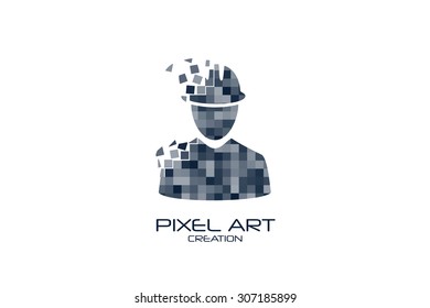 Pixel art engineer logo on white background.