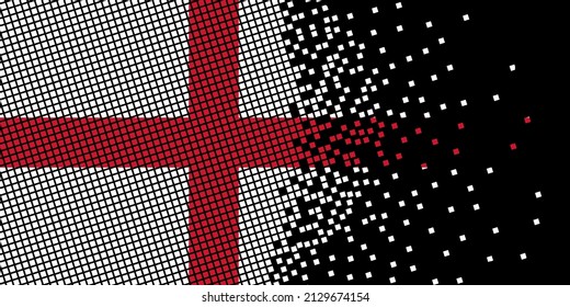 Pixel art with England flag. Pixel Dots grow by concentrating within the flag. The dots inside the UK flag are pixel art representing unity and independence. Flag on black background.