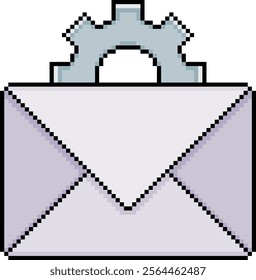 Pixel art envelope with gear in 8-bit style on white background