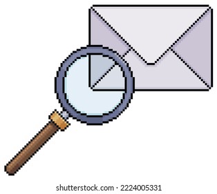 Pixel-Kunsthülle und Lupe, E-Mail-Analyse, Vektorsymbol für 8bit-Spiel auf weißem Hintergrund