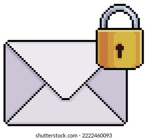 Sobre de arte de píxeles con icono de candado, icono de vector de correo seguro para juego de 8 bits en fondo blanco