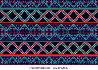 Pixel Art Ethnic pixel art in bright reds, blues, and turquoises. Create a striking and symmetrical design. Oriental style vector design for wallpaper, background, fabric pattern, sarong pattern.