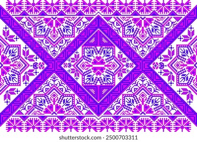 Pixel art ethnic, Pattern fabric pixel, design for background, clothing, decorative, drapery, cloth embroidery, geometric pixel art, handcraft, wallpaper, carpet, bag,card,cushions,pixel ethnic flower