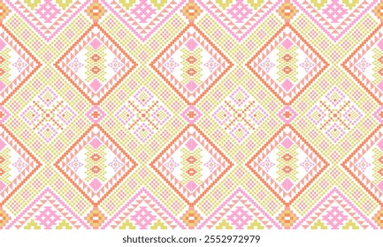 Pixel art ethnic, Pattern fabric pixel, design for background, clothing, decorative, drapery, cloth embroidery, geometric pixel art, handcraft, wallpaper, carpet, bag, card, cushions, Print, ethnic