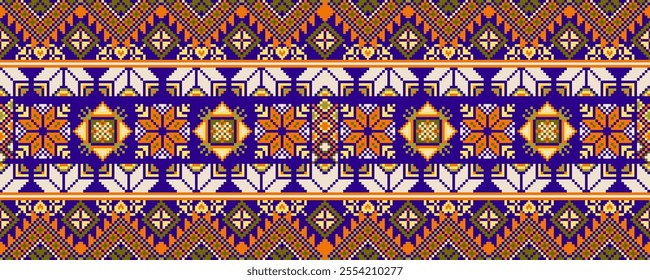 Pixel art ethnic, Pattern fabric pixel, design for background, clothing, decorative, drapery, cloth embroidery, geometric pixel art, handcraft, wallpaper, carpet, bag, card, cushions, Print, ethnic