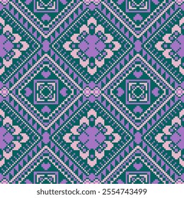 Pixel art ethnic, Pattern fabric pixel, design for background, clothing, decorative, drapery, cloth embroidery, geometric pixel art, handcraft, wallpaper, carpet, bag, card, cushions, Print, ethnic